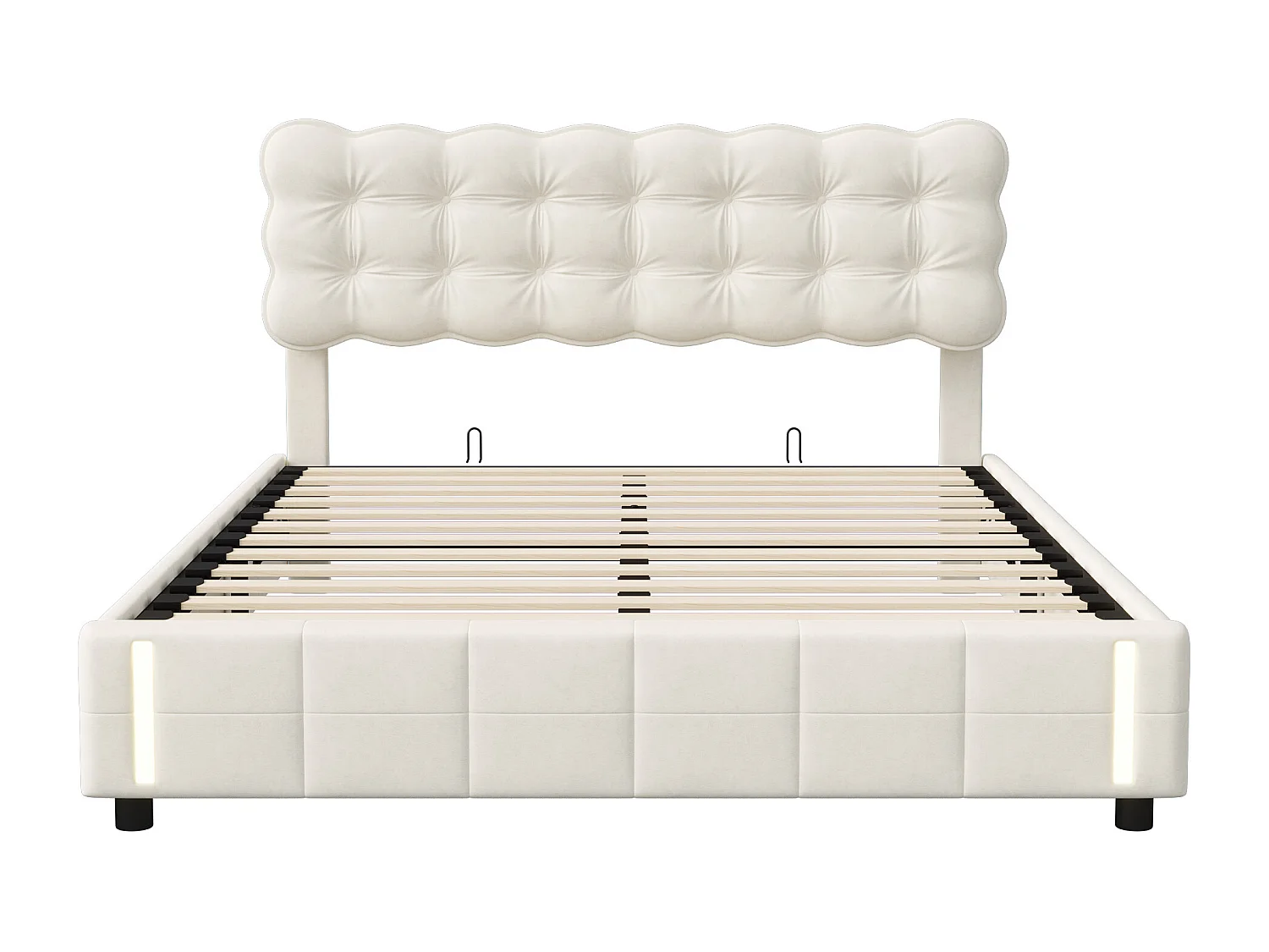 Łóżko z pojemnikiem 160x200 cm beżowy aksamit z hydraulicznym systemem otwierania i automatycznym oświetleniem LED, rama MDF i solidne drewno