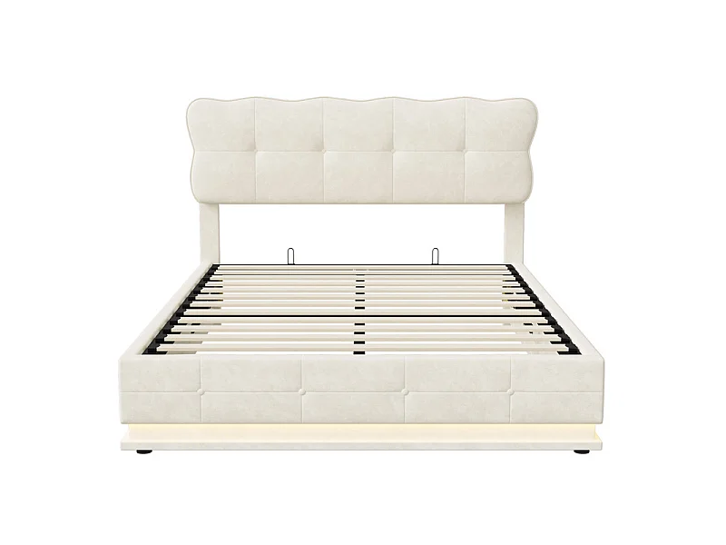 Lit Double 140x200 cm Lit Coffre Hydraulique avec Rangement, LED RGB Télécommande, Tête de Lit Velours Blanc Moderne