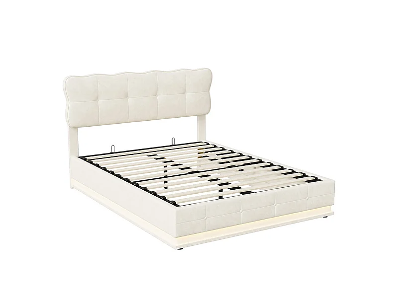 Lit Double 140x200 cm Lit Coffre Hydraulique avec Rangement, LED RGB Télécommande, Tête de Lit Velours Blanc Moderne