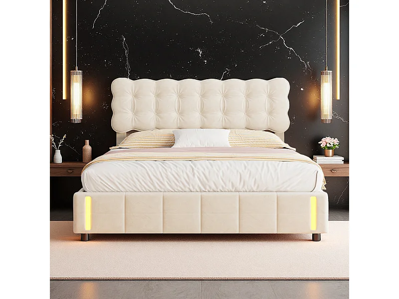 Lit 140x190 Lit Coffre Hydraulique, Grand Rangement + Lumière à Induction, Tête de Lit Velours Beige - Lit Couple Moderne Idéal Chambre Étagère