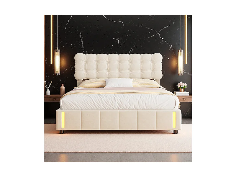 Lit 140x190 Lit Coffre Hydraulique, Grand Rangement + Lumière à Induction, Tête de Lit Velours Beige - Lit Couple Moderne Idéal Chambre Étagère