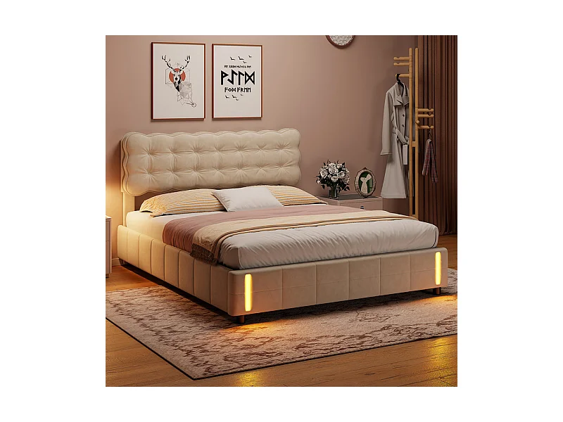 Lit 140x190 Lit Coffre Hydraulique, Grand Rangement + Lumière à Induction, Tête de Lit Velours Beige - Lit Couple Moderne Idéal Chambre Étagère