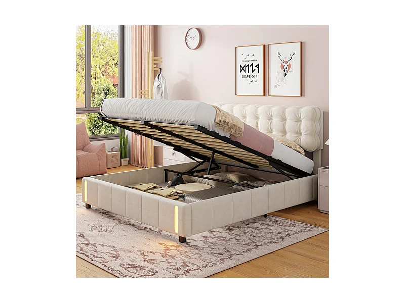 Lit 140x190 Lit Coffre Hydraulique, Grand Rangement + Lumière à Induction, Tête de Lit Velours Beige - Lit Couple Moderne Idéal Chambre Étagère