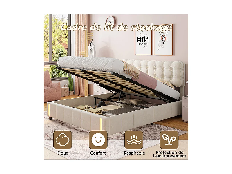 Lit 140x190 Lit Coffre Hydraulique, Grand Rangement + Lumière à Induction, Tête de Lit Velours Beige - Lit Couple Moderne Idéal Chambre Étagère