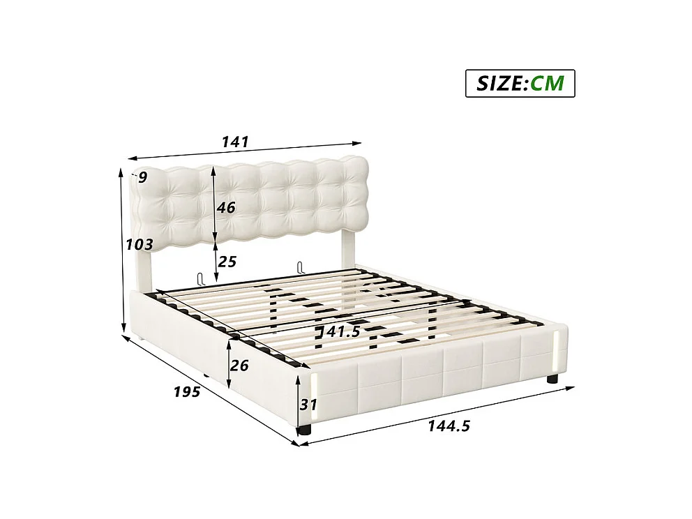 Lit 140x190 Lit Coffre Hydraulique, Grand Rangement + Lumière à Induction, Tête de Lit Velours Beige - Lit Couple Moderne Idéal Chambre Étagère