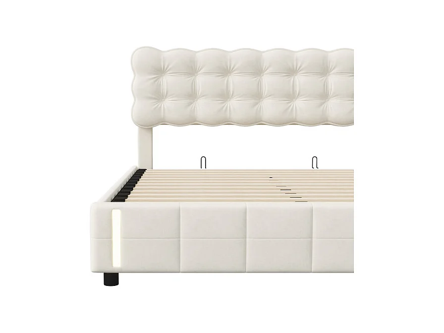 Lit 140x190 Lit Coffre Hydraulique, Grand Rangement + Lumière à Induction, Tête de Lit Velours Beige - Lit Couple Moderne Idéal Chambre Étagère