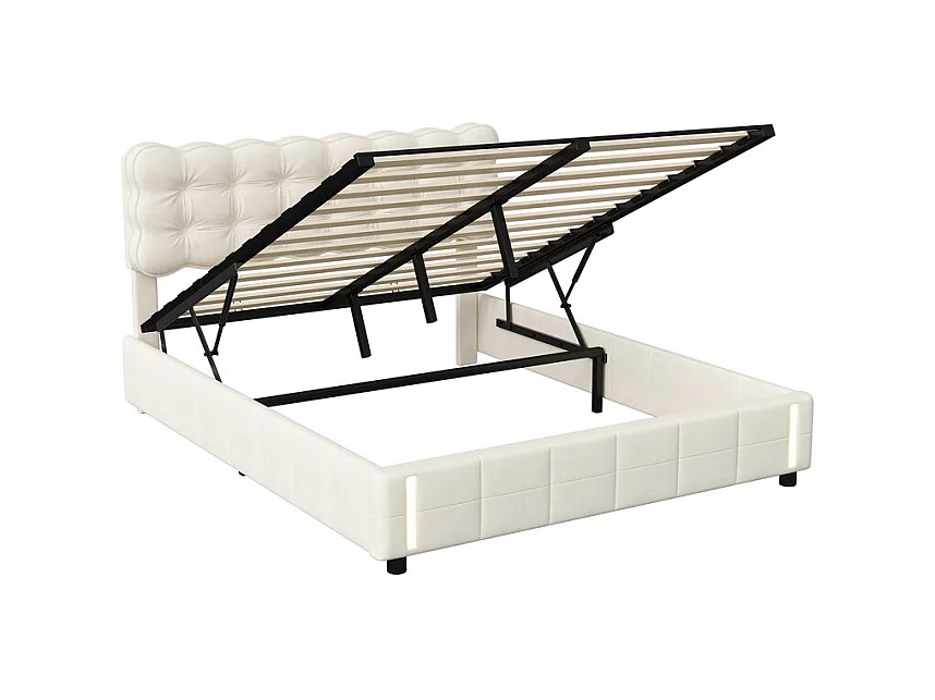 Lit 140x190 Lit Coffre Hydraulique, Grand Rangement + Lumière à Induction, Tête de Lit Velours Beige - Lit Couple Moderne Idéal Chambre Étagère