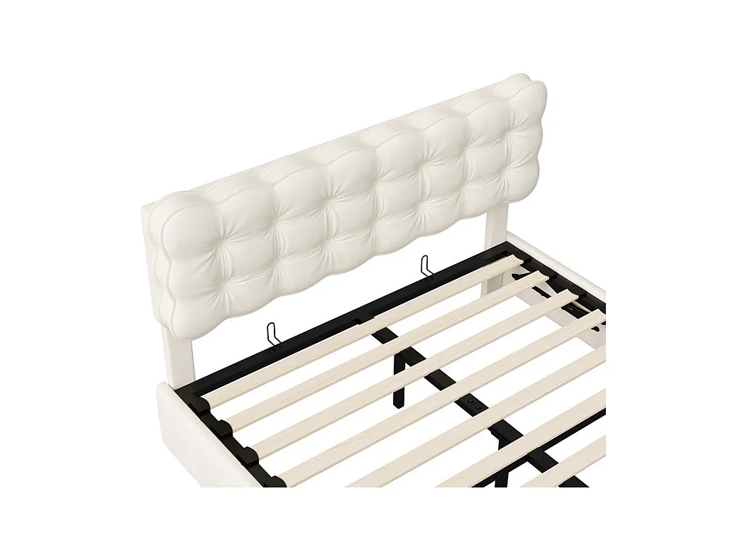 Lit 140x190 Lit Coffre Hydraulique, Grand Rangement + Lumière à Induction, Tête de Lit Velours Beige - Lit Couple Moderne Idéal Chambre Étagère