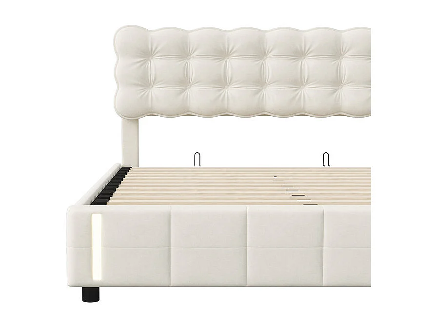 Lit 140x190 Lit Coffre Hydraulique, Grand Rangement + Lumière à Induction, Tête de Lit Velours Beige - Lit Couple Moderne Idéal Chambre Étagère