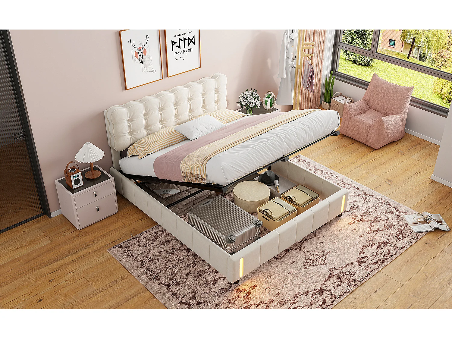 Lit coffre - 140 x 190 cm - Avec mécanisme de levage hydraulique et éclairage LED - Velours - Blanc crème