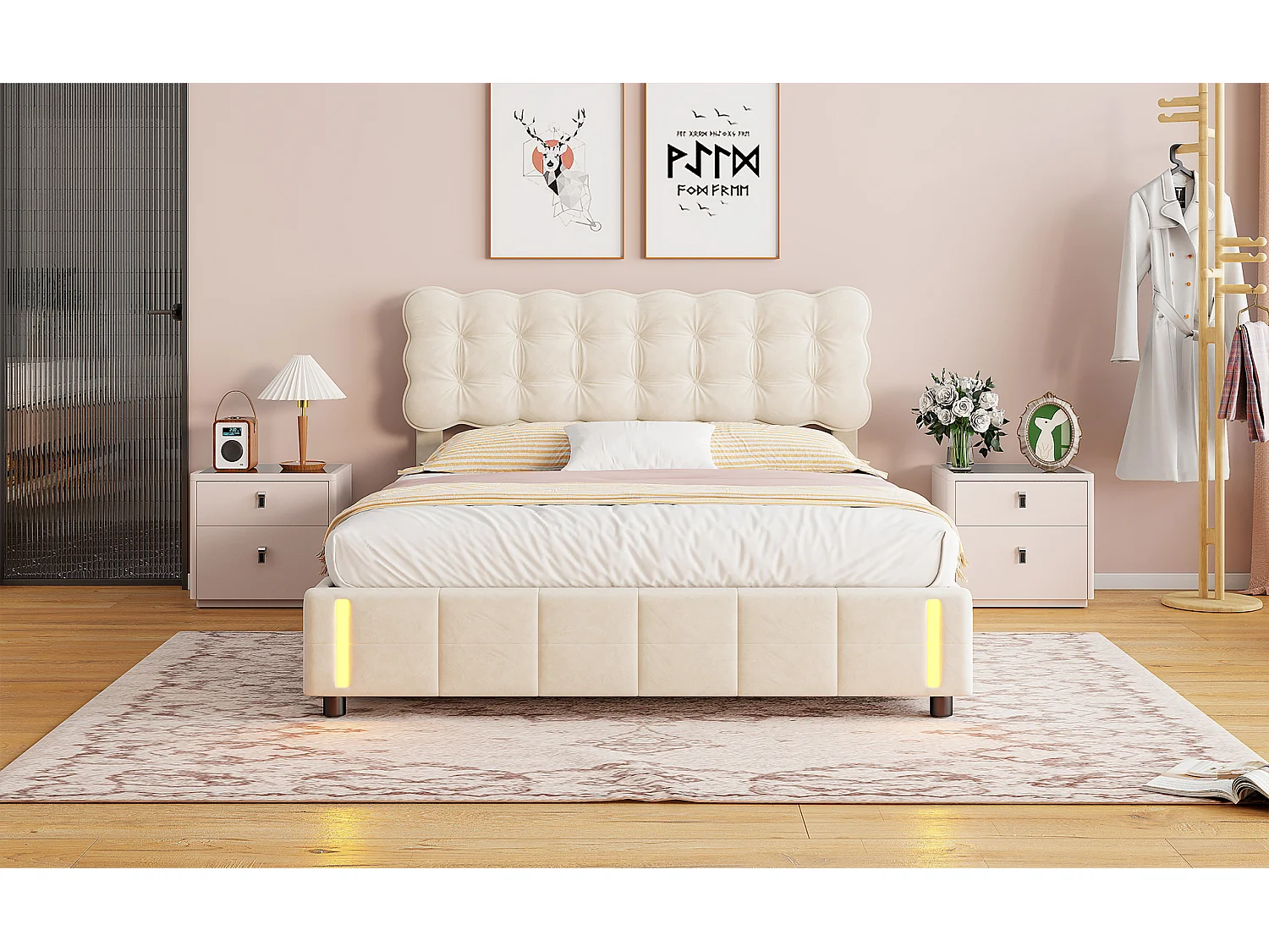 Lit coffre - 140 x 190 cm - Avec mécanisme de levage hydraulique et éclairage LED - Velours - Blanc crème