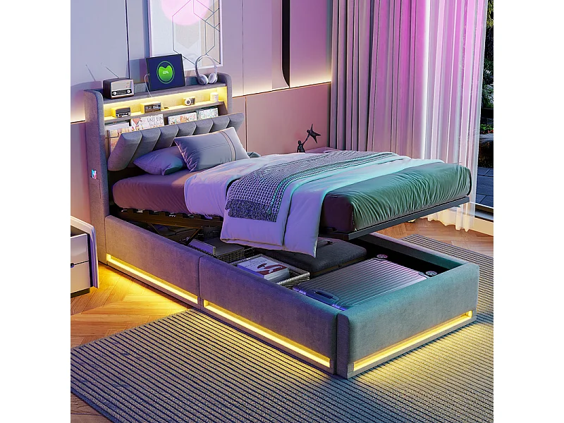 Lit Coffre 90x200 avec Rangement Hydraulique et LEDs RGB - Tête de Lit Ports USB - Sommier Inclus - Idéal Studio & Chambre Simple - Gain de Place Maximal