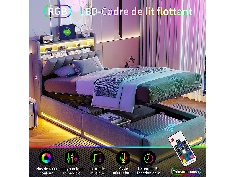 Lit Coffre 90x200 avec Rangement Hydraulique et LEDs RGB - Tête de Lit Ports USB - Sommier Inclus - Idéal Studio & Chambre Simple - Gain de Place Maximal