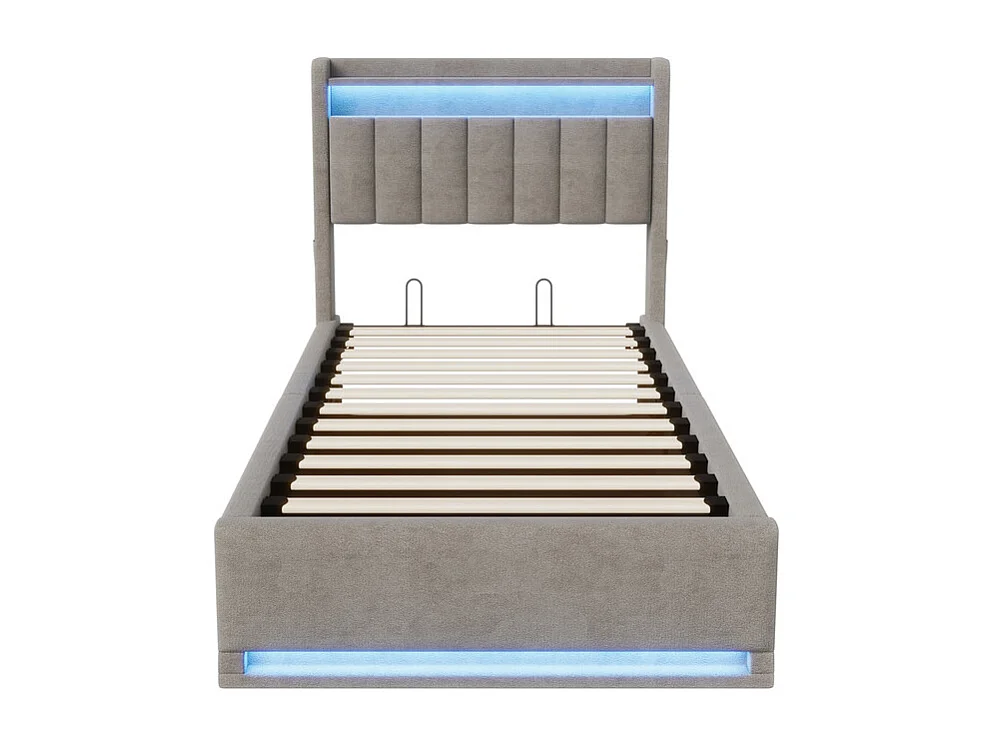 Lit Coffre 90x200 avec Rangement Hydraulique et LEDs RGB - Tête de Lit Ports USB - Sommier Inclus - Idéal Studio & Chambre Simple - Gain de Place Maximal