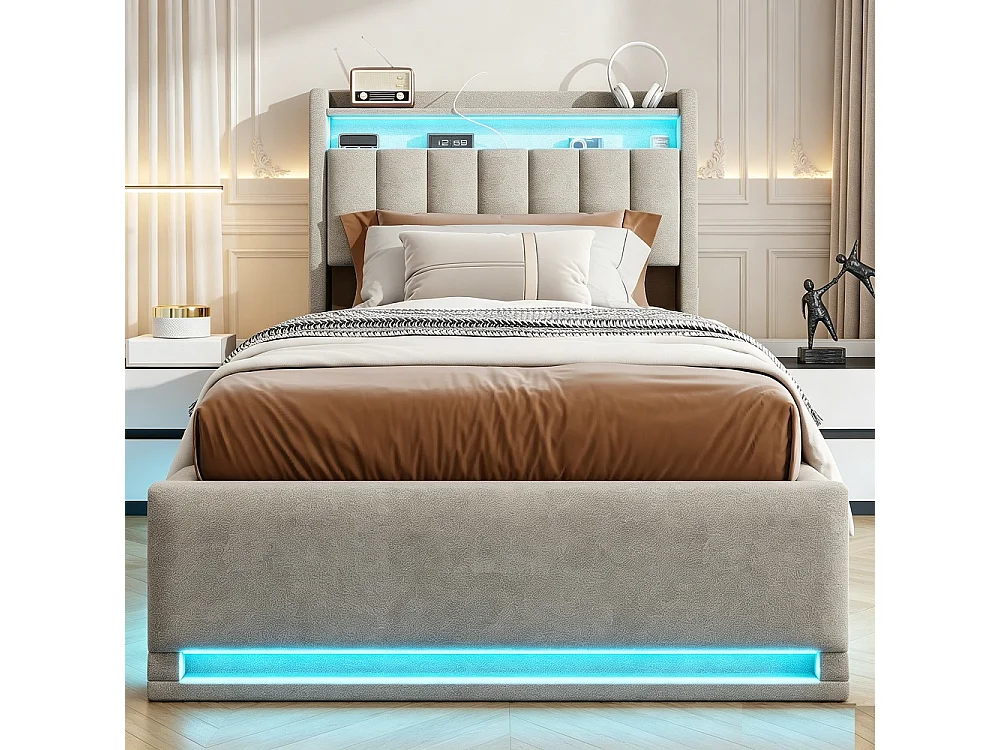 Cama de Almacenamiento Moderna Gris 90x200 con Elevador Hidráulico, LED RGB, Puertos USB y Cabecero - Ideal para Estudio y Habitación Individual