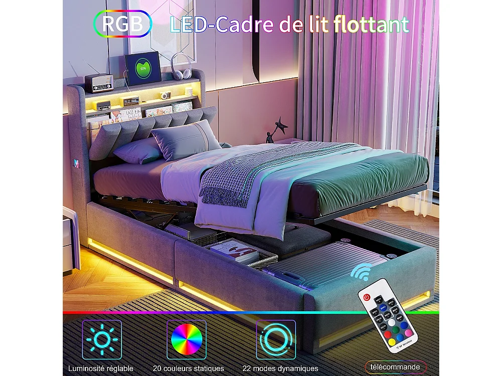 Cama de Almacenamiento Moderna Gris 90x200 con Elevador Hidráulico, LED RGB, Puertos USB y Cabecero - Ideal para Estudio y Habitación Individual