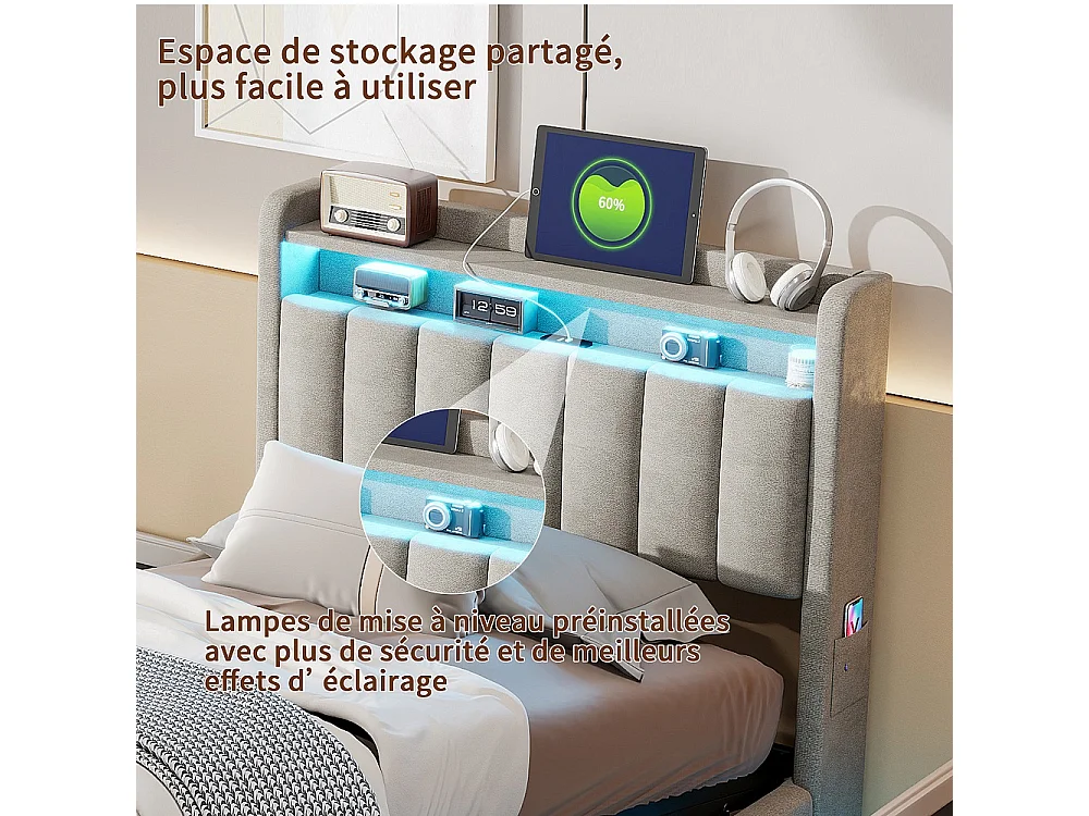 Cama de Almacenamiento Moderna Gris 90x200 con Elevador Hidráulico, LED RGB, Puertos USB y Cabecero - Ideal para Estudio y Habitación Individual