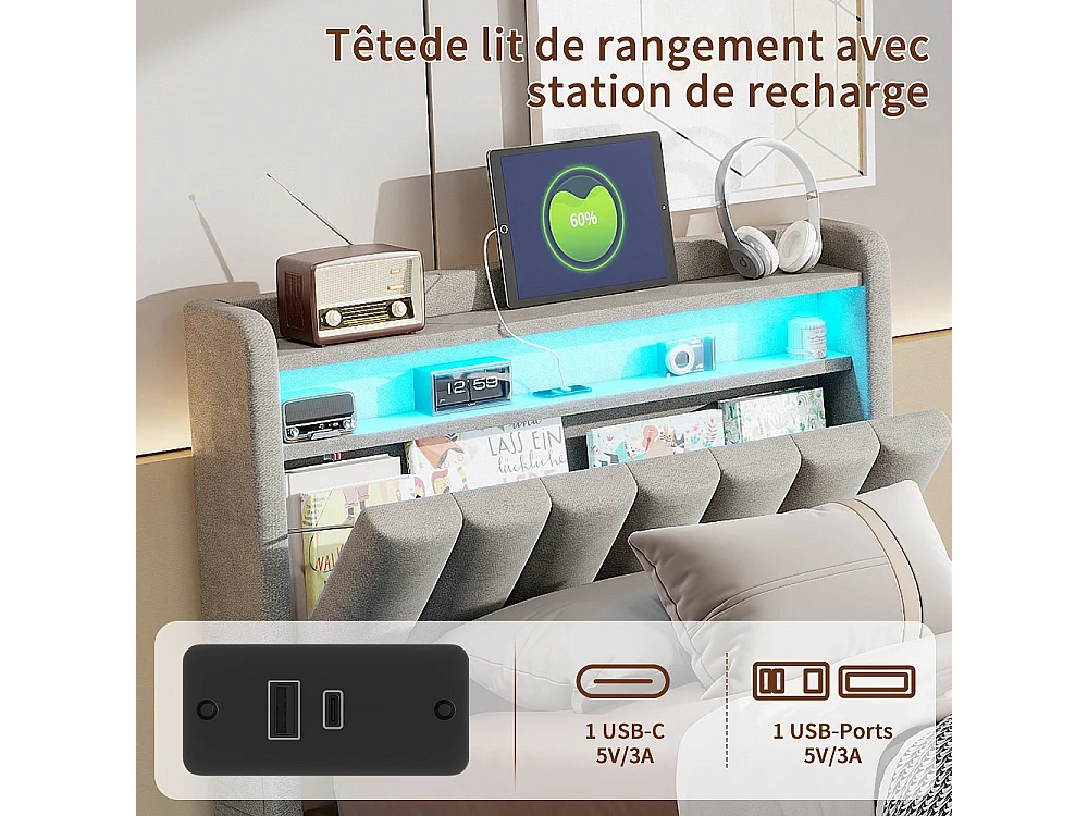 Cama de Almacenamiento Moderna Gris 90x200 con Elevador Hidráulico, LED RGB, Puertos USB y Cabecero - Ideal para Estudio y Habitación Individual