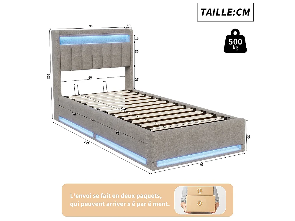 Cama de Almacenamiento Moderna Gris 90x200 con Elevador Hidráulico, LED RGB, Puertos USB y Cabecero - Ideal para Estudio y Habitación Individual
