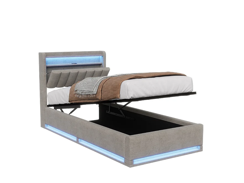 Cama de Almacenamiento Moderna Gris 90x200 con Elevador Hidráulico, LED RGB, Puertos USB y Cabecero - Ideal para Estudio y Habitación Individual