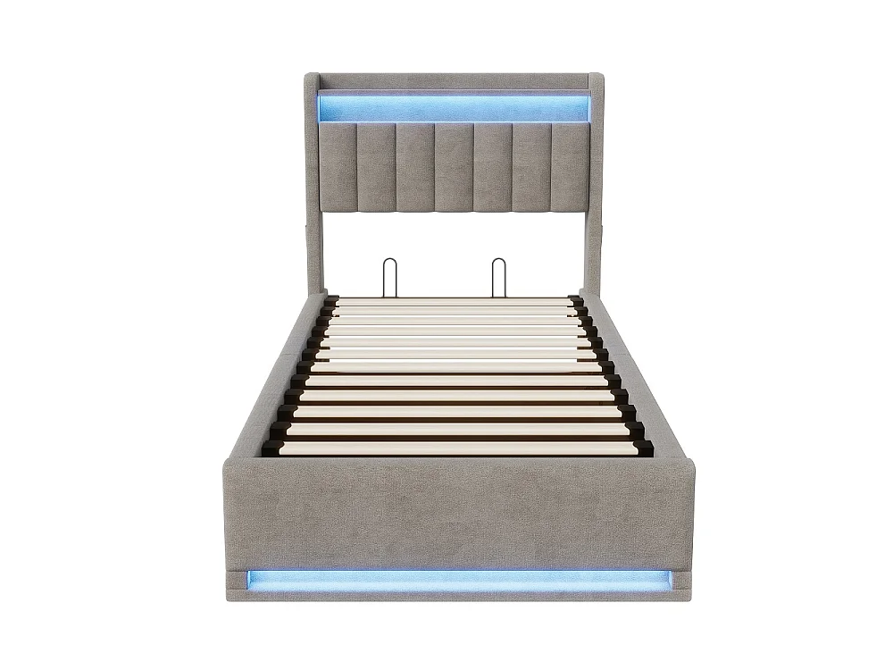 Cama de Almacenamiento Moderna Gris 90x200 con Elevador Hidráulico, LED RGB, Puertos USB y Cabecero - Ideal para Estudio y Habitación Individual
