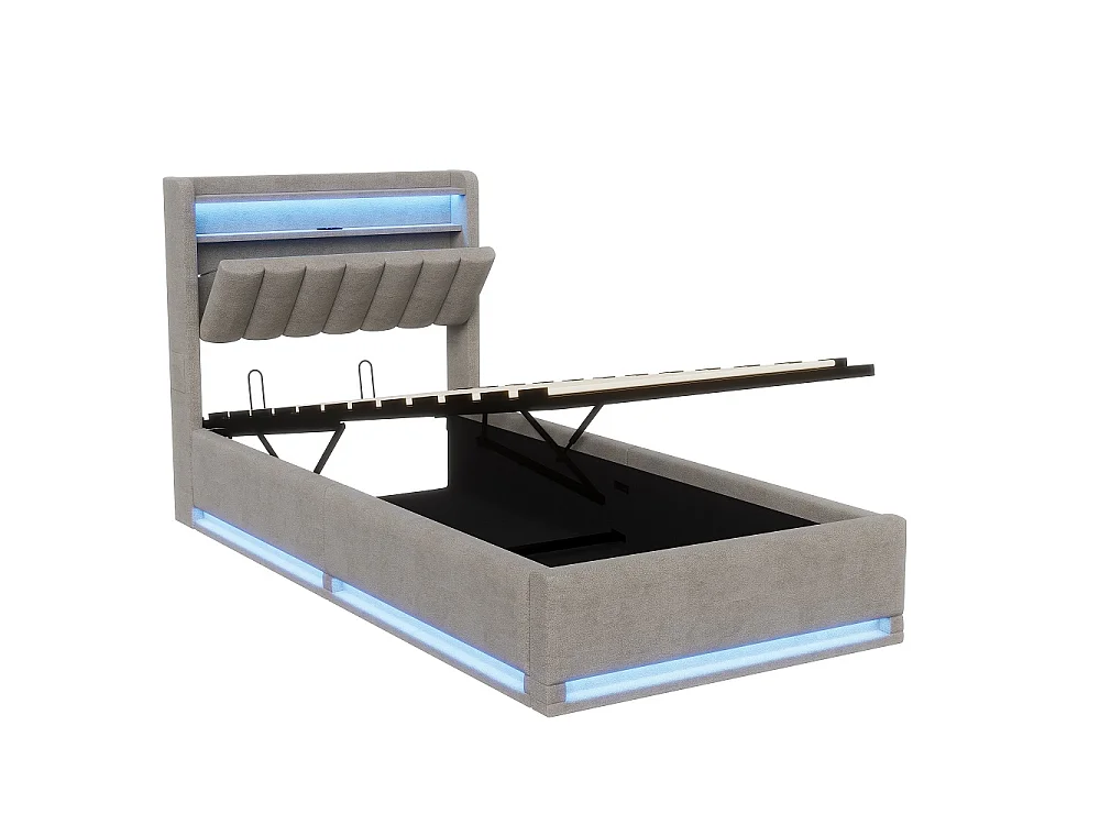 Cama de Almacenamiento Moderna Gris 90x200 con Elevador Hidráulico, LED RGB, Puertos USB y Cabecero - Ideal para Estudio y Habitación Individual