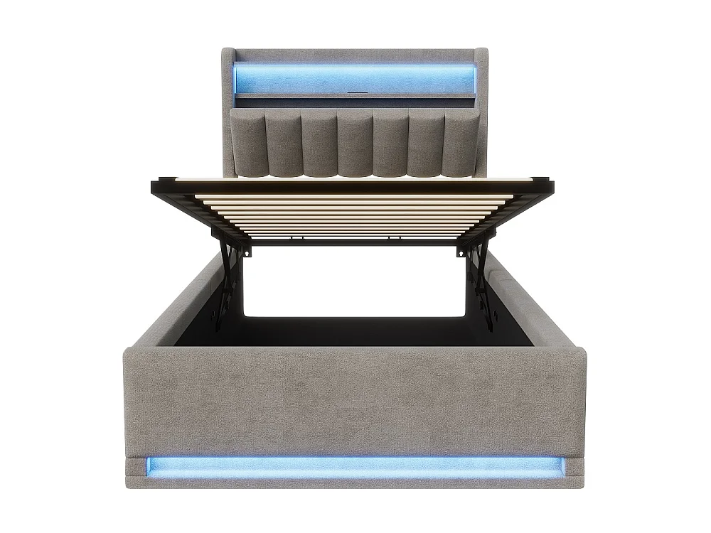 Cama de Almacenamiento Moderna Gris 90x200 con Elevador Hidráulico, LED RGB, Puertos USB y Cabecero - Ideal para Estudio y Habitación Individual