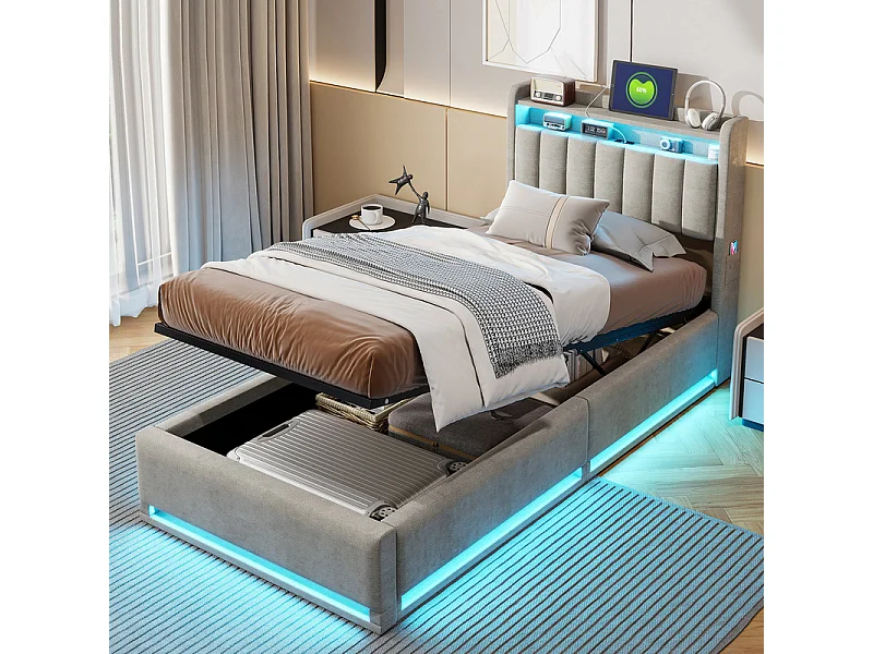 Lit Coffre 90x200 avec Rangement Hydraulique et LEDs RGB - Tête de Lit Ports USB - Sommier Inclus - Idéal Studio & Chambre Simple - Gain de Place Maximal