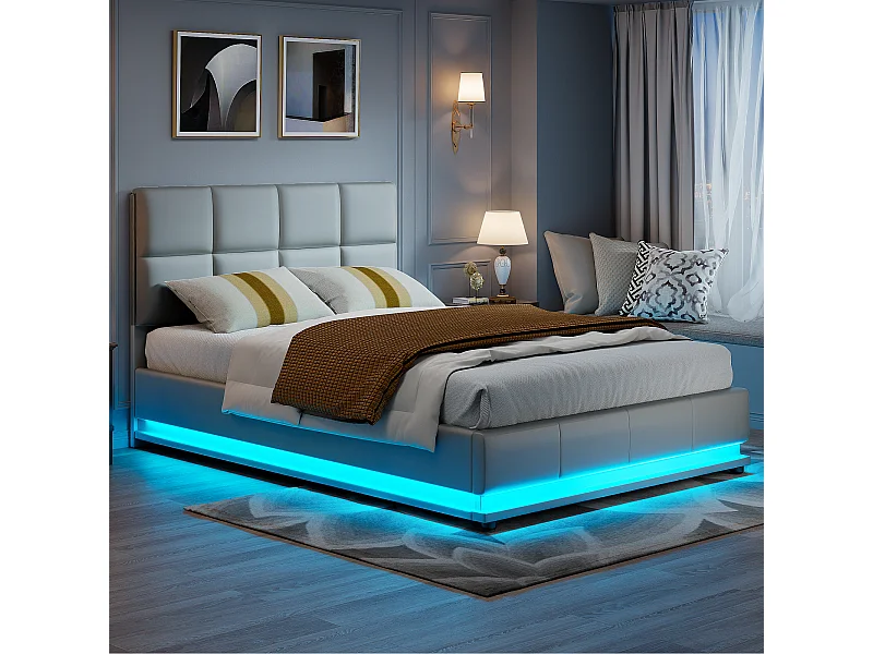 Lit Double 140x200 Lit Coffre Hydraulique avec LED, Grand Rangement, Structure Métal 350kg, Tête de Lit Capitonnée Cuir PU Gris