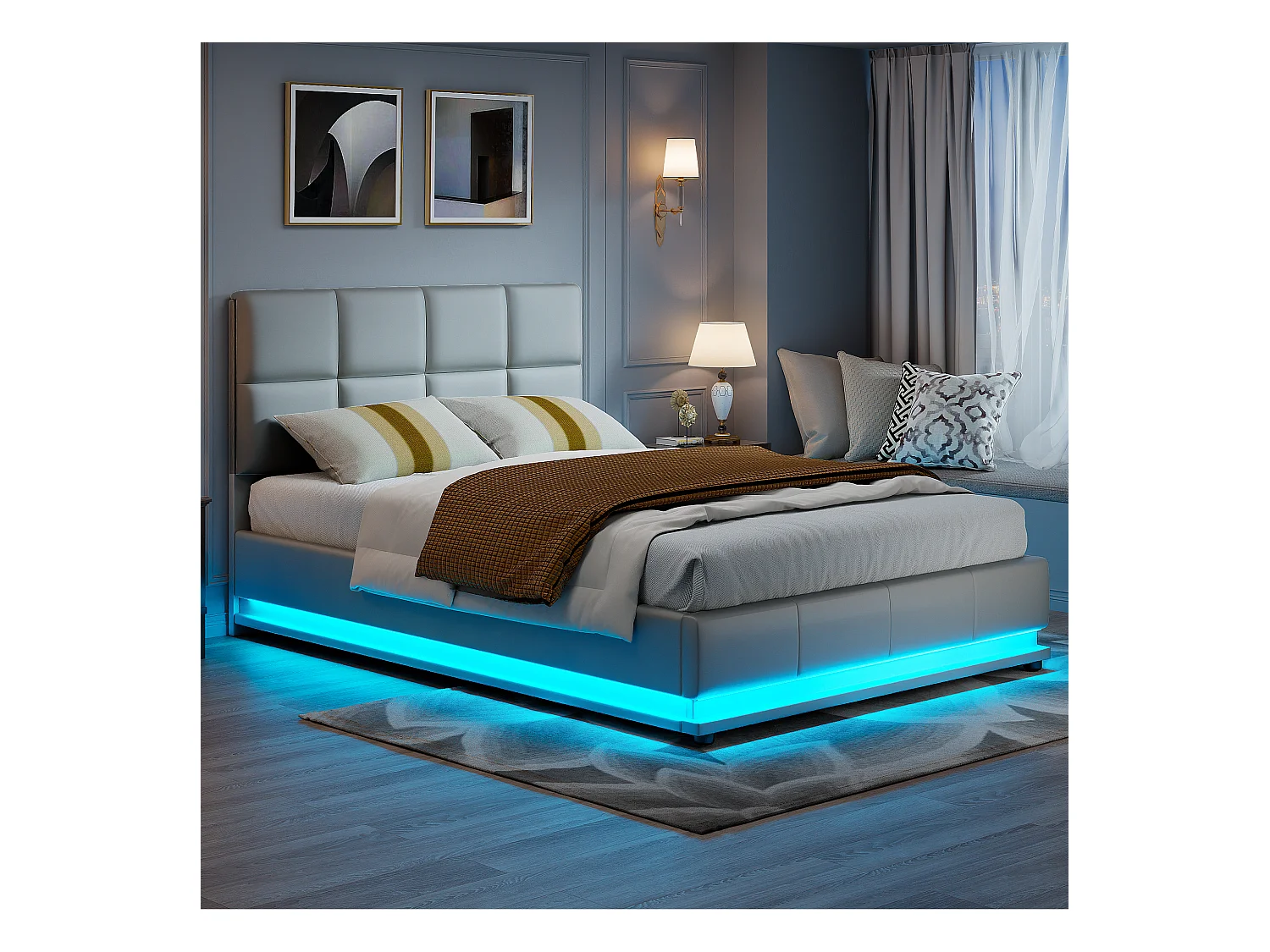 Lit Double 140x200 Lit Coffre Hydraulique avec LED, Grand Rangement, Structure Métal 350kg, Tête de Lit Capitonnée Cuir PU Gris