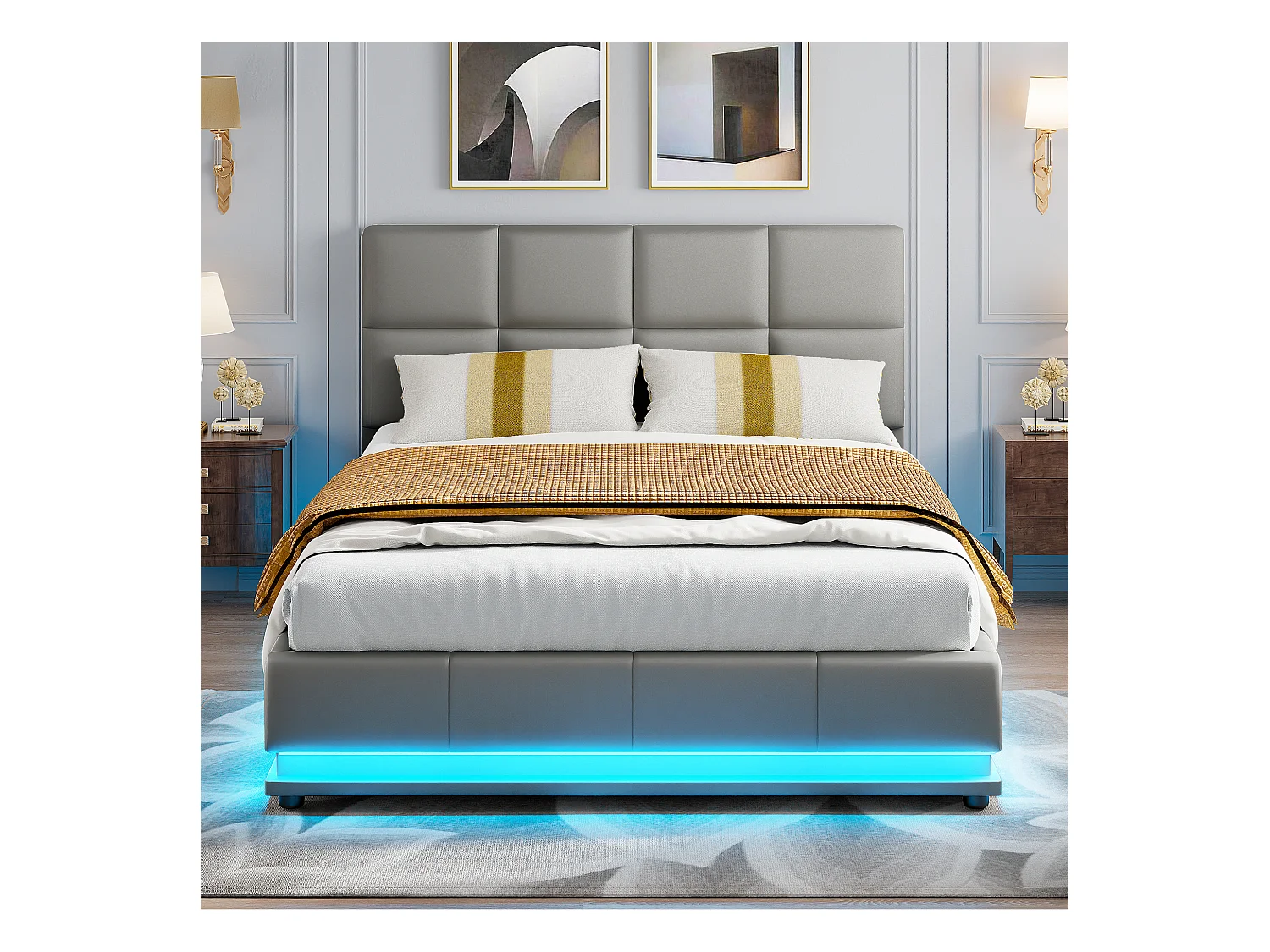 Lit Double 140x200 Lit Coffre Hydraulique avec LED, Grand Rangement, Structure Métal 350kg, Tête de Lit Capitonnée Cuir PU Gris