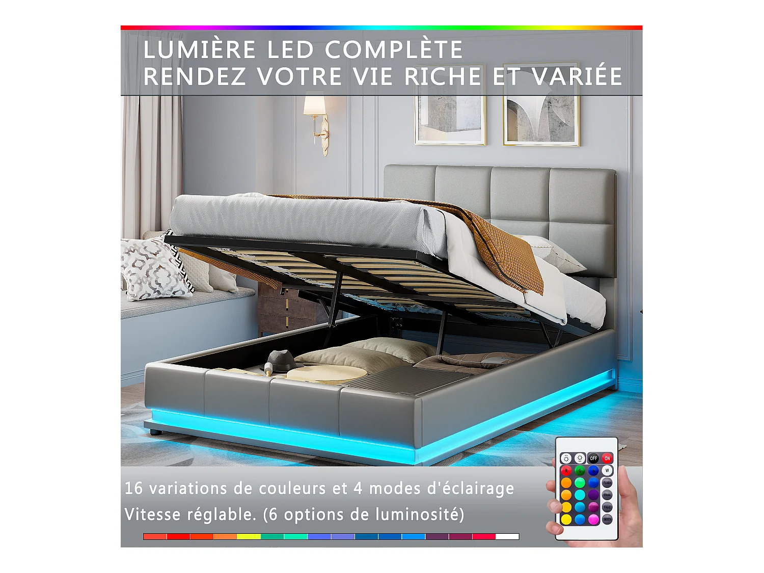 Lit Double 140x200 Lit Coffre Hydraulique avec LED, Grand Rangement, Structure Métal 350kg, Tête de Lit Capitonnée Cuir PU Gris