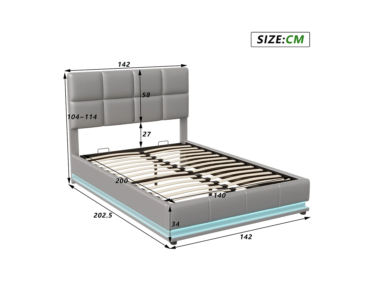 Lit Double 140x200 Lit Coffre Hydraulique avec LED, Grand Rangement, Structure Métal 350kg, Tête de Lit Capitonnée Cuir PU Gris