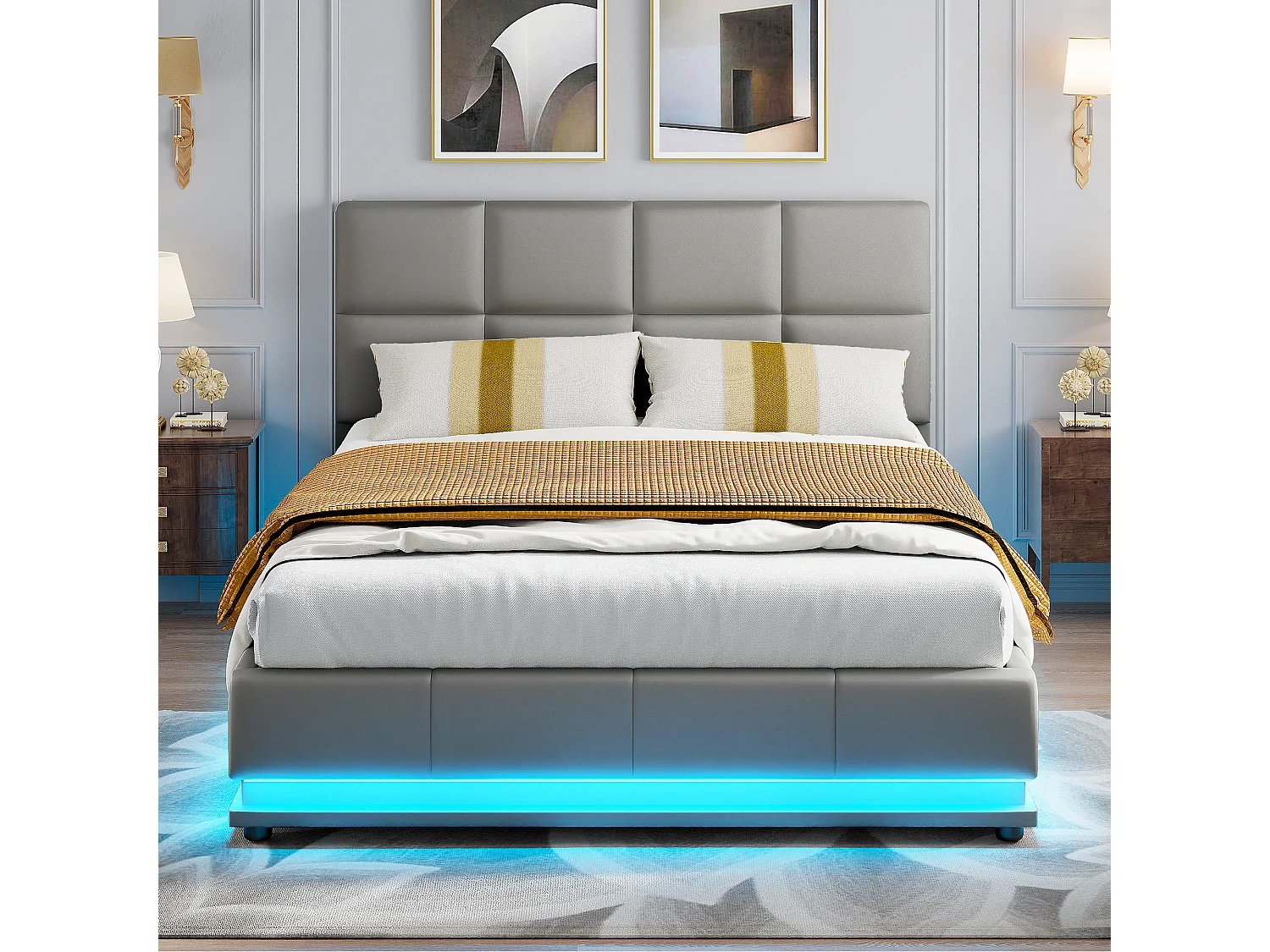 Lit Double 140x200 Lit Coffre Hydraulique avec LED, Grand Rangement, Structure Métal 350kg, Tête de Lit Capitonnée Cuir PU Gris