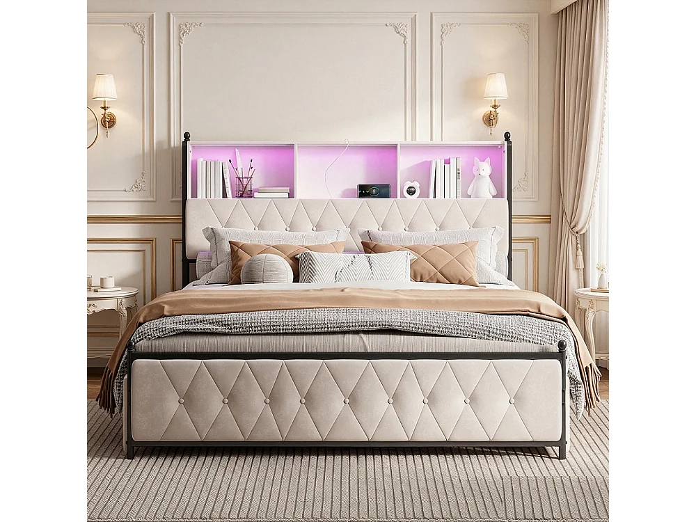 Gepolstertes Bett 160x200 cm Beige Samt mit RGB LED, USB-C Anschlüssen, 4 Schubladen und Lattenrost