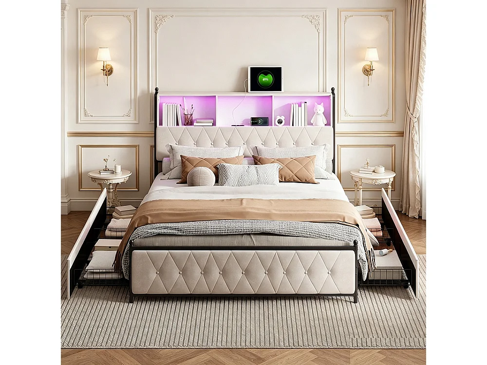 Gepolstertes Bett 160x200 cm Beige Samt mit RGB LED, USB-C Anschlüssen, 4 Schubladen und Lattenrost