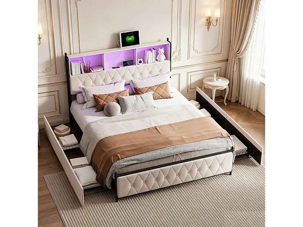 Gepolstertes Bett 160x200 cm Beige Samt mit RGB LED, USB-C Anschlüssen, 4 Schubladen und Lattenrost