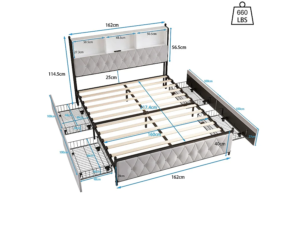 Gepolstertes Bett 160x200 cm Beige Samt mit RGB LED, USB-C Anschlüssen, 4 Schubladen und Lattenrost