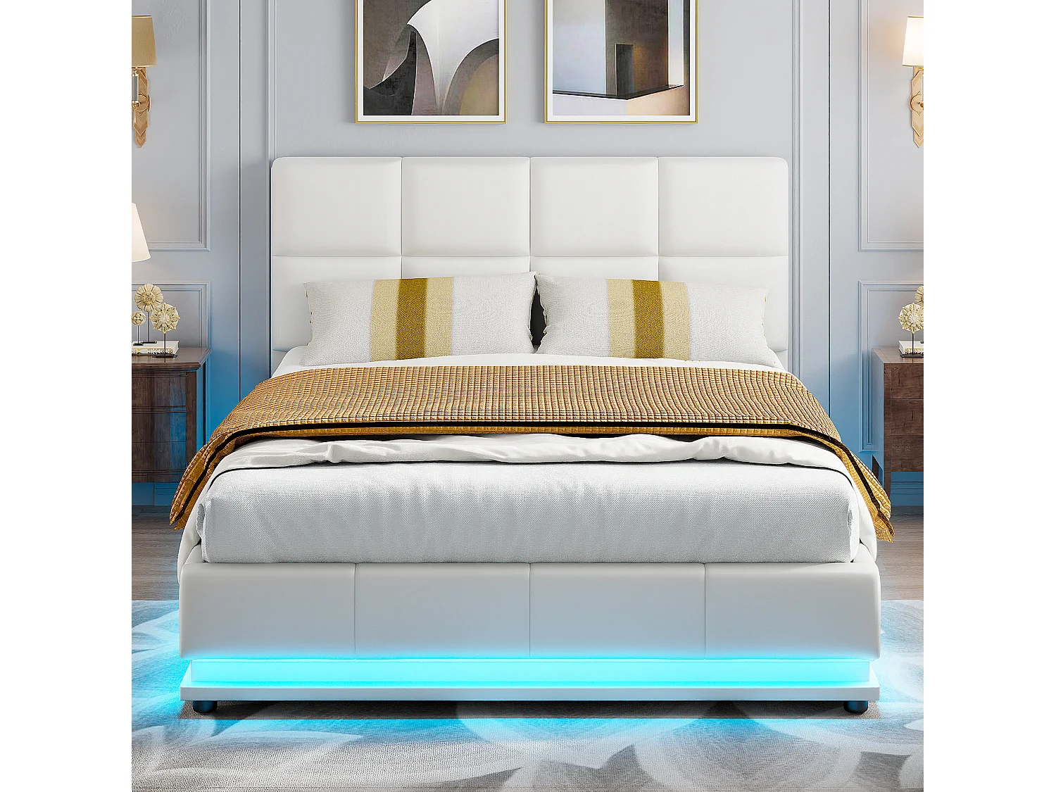 Lit Double 140x190 Lit Coffre Hydraulique avec LED, Structure Métal 24 Lattes Charge 350kg, Cuir PU Blanc/Gris Design Moderne