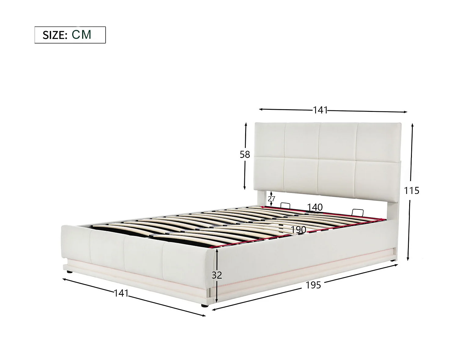 Lit Double 140x190 Lit Coffre Hydraulique avec LED, Structure Métal 24 Lattes Charge 350kg, Cuir PU Blanc/Gris Design Moderne
