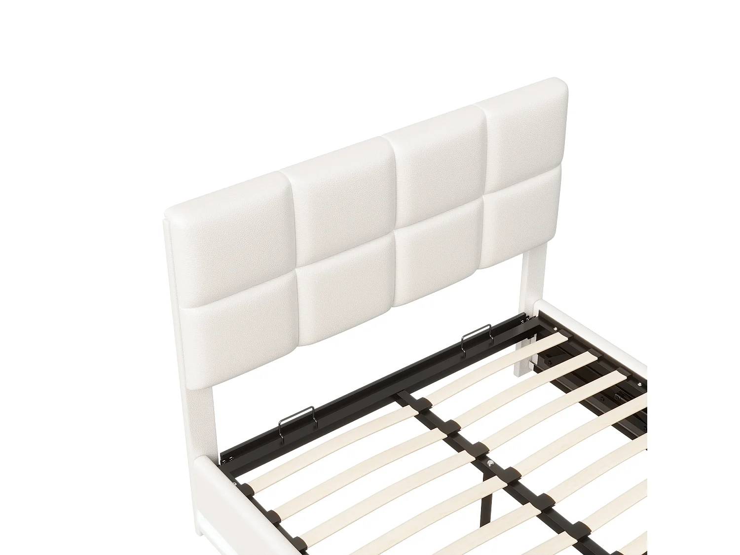 Lit Double 140x190 Lit Coffre Hydraulique avec LED, Structure Métal 24 Lattes Charge 350kg, Cuir PU Blanc/Gris Design Moderne