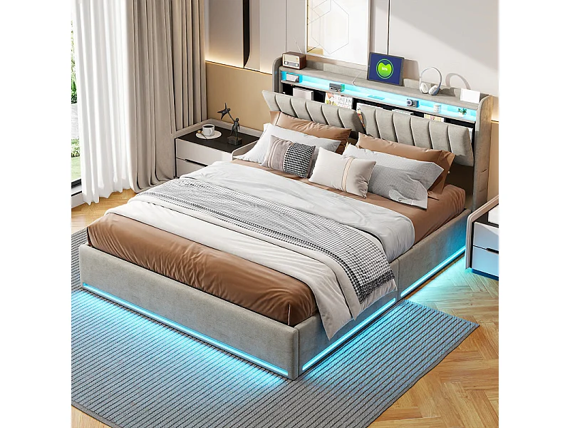 Lit Coffre Double 160x200 avec Rangement Hydraulique et LEDs RGB - Tête de Lit avec Ports USB - Sommier Inclus - Tissu Gris Moderne - Gain de Place