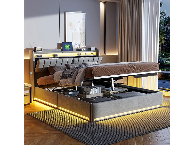 Lit Coffre Double 160x200 avec Rangement Hydraulique et LEDs RGB - Tête de Lit avec Ports USB - Sommier Inclus - Tissu Gris Moderne - Gain de Place