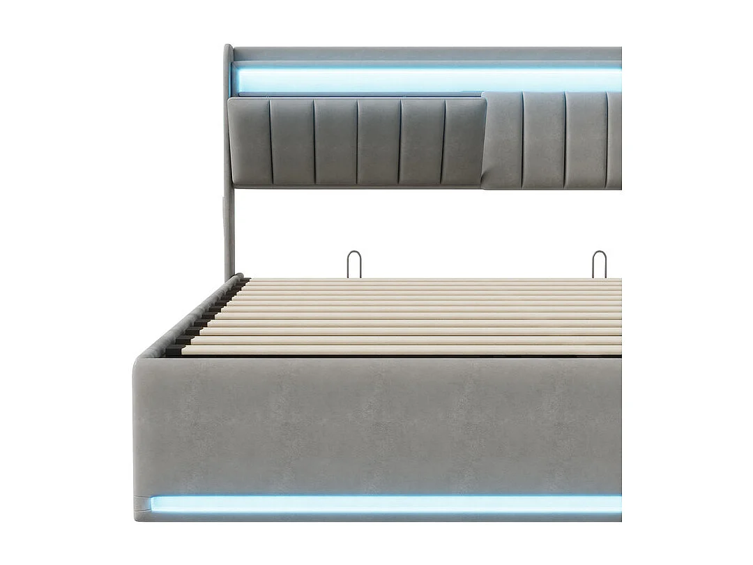 Lit Coffre Double 160x200 avec Rangement Hydraulique et LEDs RGB - Tête de Lit avec Ports USB - Sommier Inclus - Tissu Gris Moderne - Gain de Place