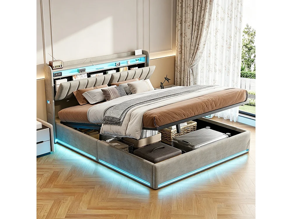 Cama Doble Moderna Gris con Almacenamiento 160x200 con Elevador Hidráulico, LEDs RGB, Puertos USB y Cabecero - Solución de Ahorro de Espacio