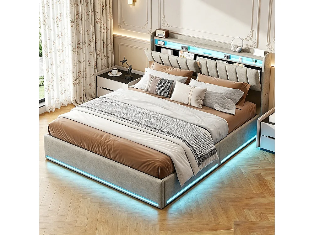 Cama Doble Moderna Gris con Almacenamiento 160x200 con Elevador Hidráulico, LEDs RGB, Puertos USB y Cabecero - Solución de Ahorro de Espacio