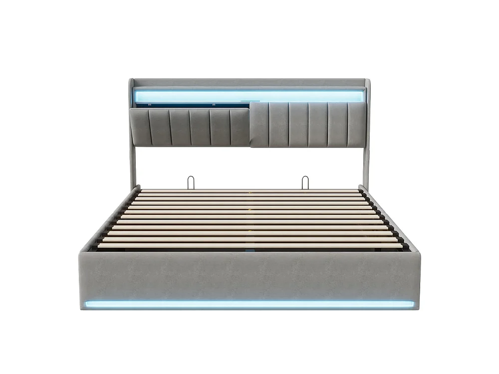 Cama Doble Moderna Gris con Almacenamiento 160x200 con Elevador Hidráulico, LEDs RGB, Puertos USB y Cabecero - Solución de Ahorro de Espacio