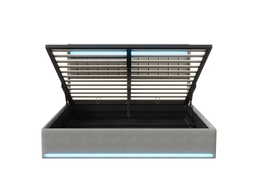 Cama Doble Moderna Gris con Almacenamiento 160x200 con Elevador Hidráulico, LEDs RGB, Puertos USB y Cabecero - Solución de Ahorro de Espacio