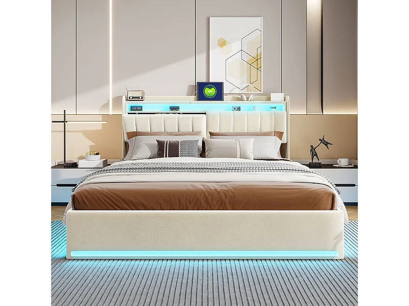 Modern Beige Velvet Tweepersoonsbed 160x200 met Hydraulische Opbergruimte, USB Opladen, LED RGB - Slim Multifunctioneel Ontwerp