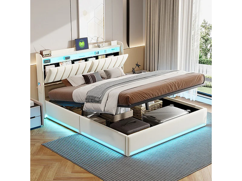 Modern Beige Velvet Tweepersoonsbed 160x200 met Hydraulische Opbergruimte, USB Opladen, LED RGB - Slim Multifunctioneel Ontwerp